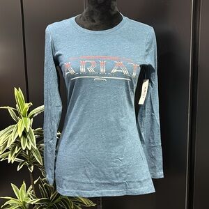 Ariat Blue Long-Sleeve Logo Tee with Coral Accents